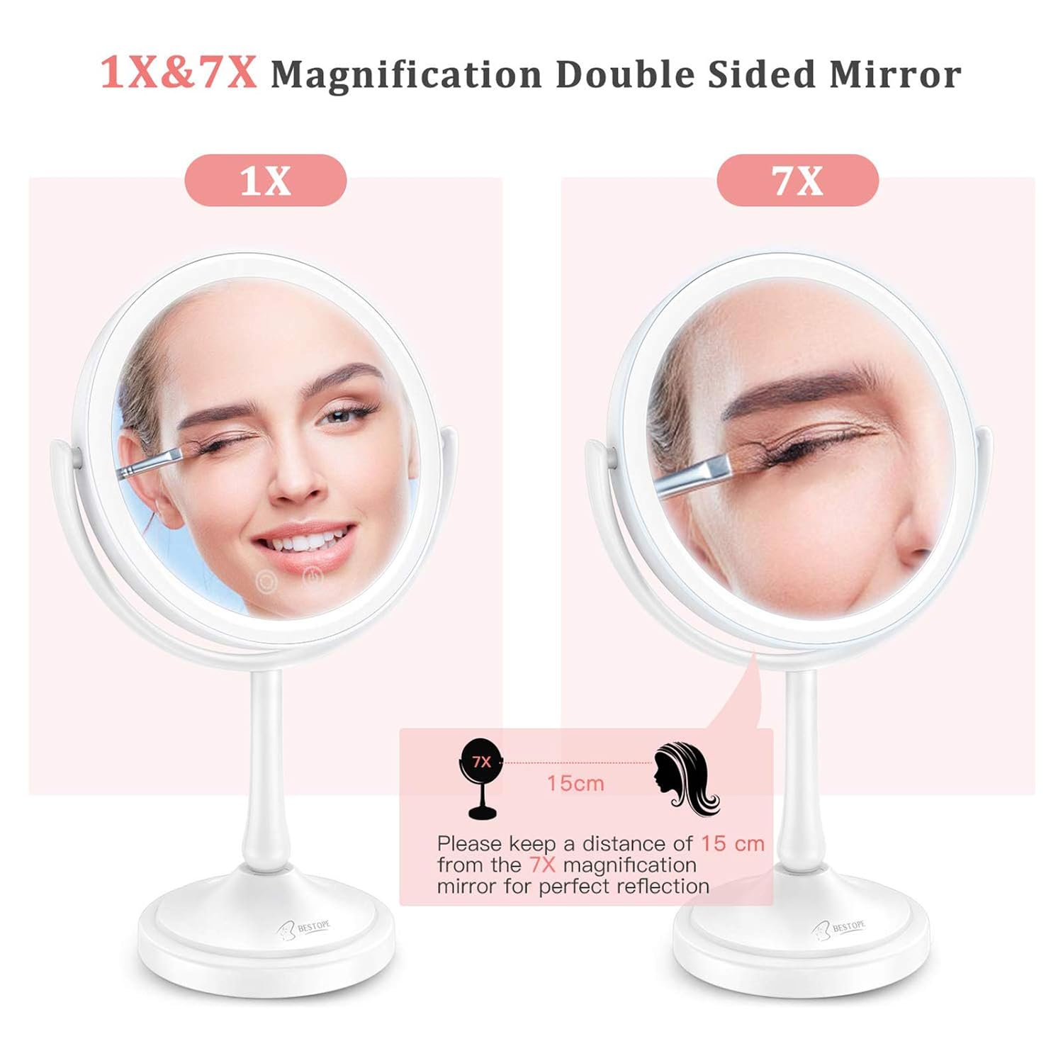 BESTOPE Makeup Mirror 1X 7X Magnification Lighted Magnifying Mirror 3 Color Light Mode，Double Sided Vanity Mirror with 60 LED Lights Dimmable Touch Screen, Portable Tabletop Mirror : Beauty