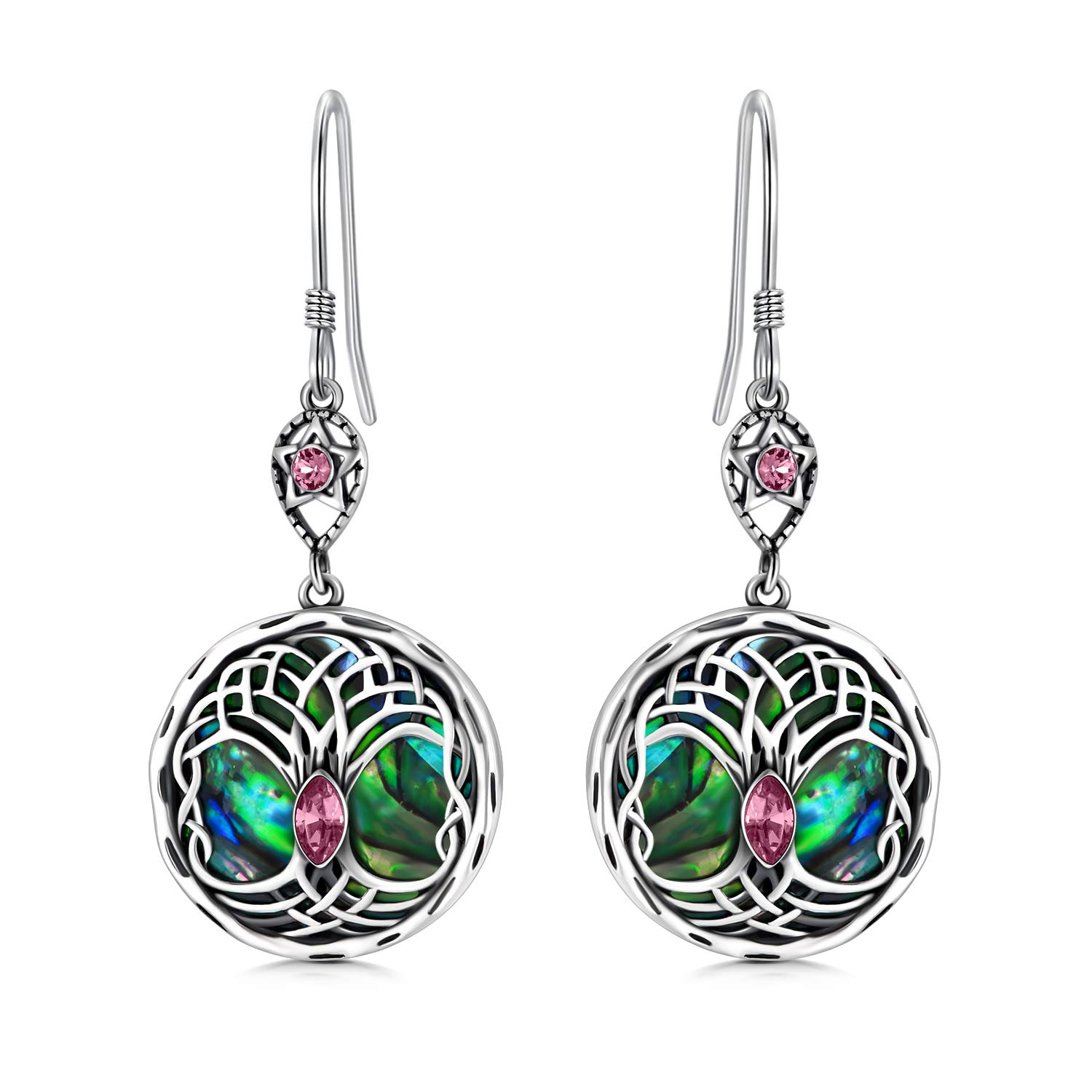 Celtic Tree of Life Earrings Sterling Silver Family Tree Dangle Drop Earrings with Birthstone Crystals, Birthday Jewellery Gifts for Women Her (Pink)