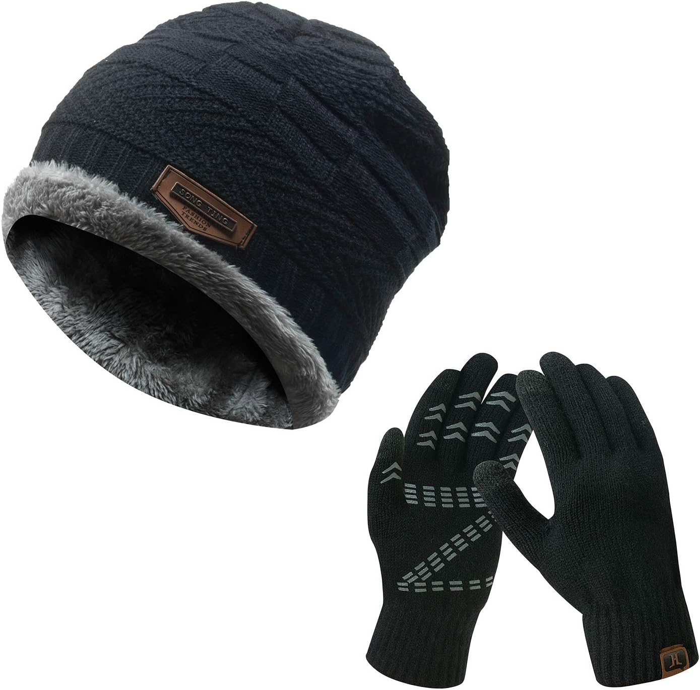 Men's 2-Pieces Winter Beanie Hat Scarf Set Warm Knit Hat Thick Fleece Lined Winter Hat & Touchscreen Gloves for Men Women