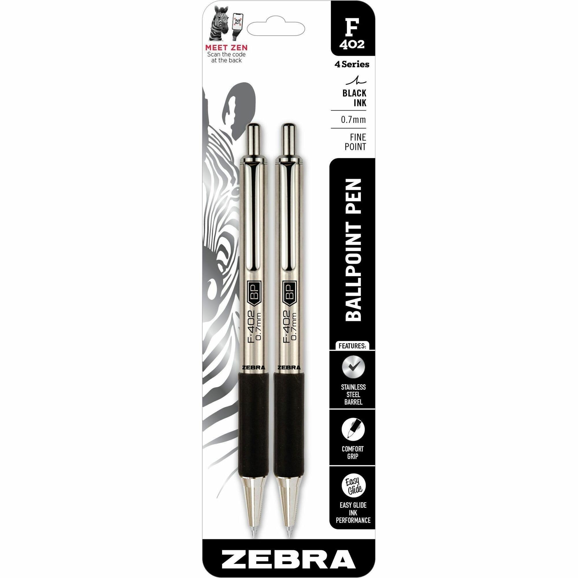 Zebra Pen F-402 Stainless Steel Retractable Ballpoint Ink Pens 2-Pack, Black Ink, 0.7mm Fine Point, Easy-Glide Ink, Non-Slip Grip, Metal Clip, Refillable With F-Refill (29212)