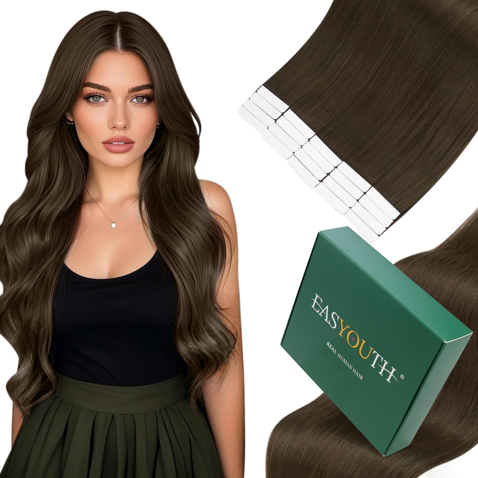 Easyouth Tape Hair Extensions Real Human Hair Brown Tape in Human Hair Extensions Tape ins Darkest Brown Glue in Hair Extensions Remy Real Hair 20 Inch 50g 20Pcs — image 1