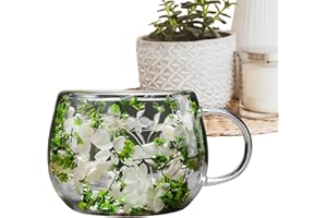 Dried Flowers Double Walled Glass Mug with Handle, Heat Insulation Glass Cup, Aesthetic Flower Tea Cup for Tea, Coffee, Smoot