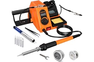 ILIBILIB HX46 60W Digital Display Soldering Iron Station Kit with 2 Helping Hands, 5 Extra Iron Tips, Solder Wire, Solder Sucker, ESD Tweezer, °C/ºF Conversion, Auto Sleep & Calibration Support