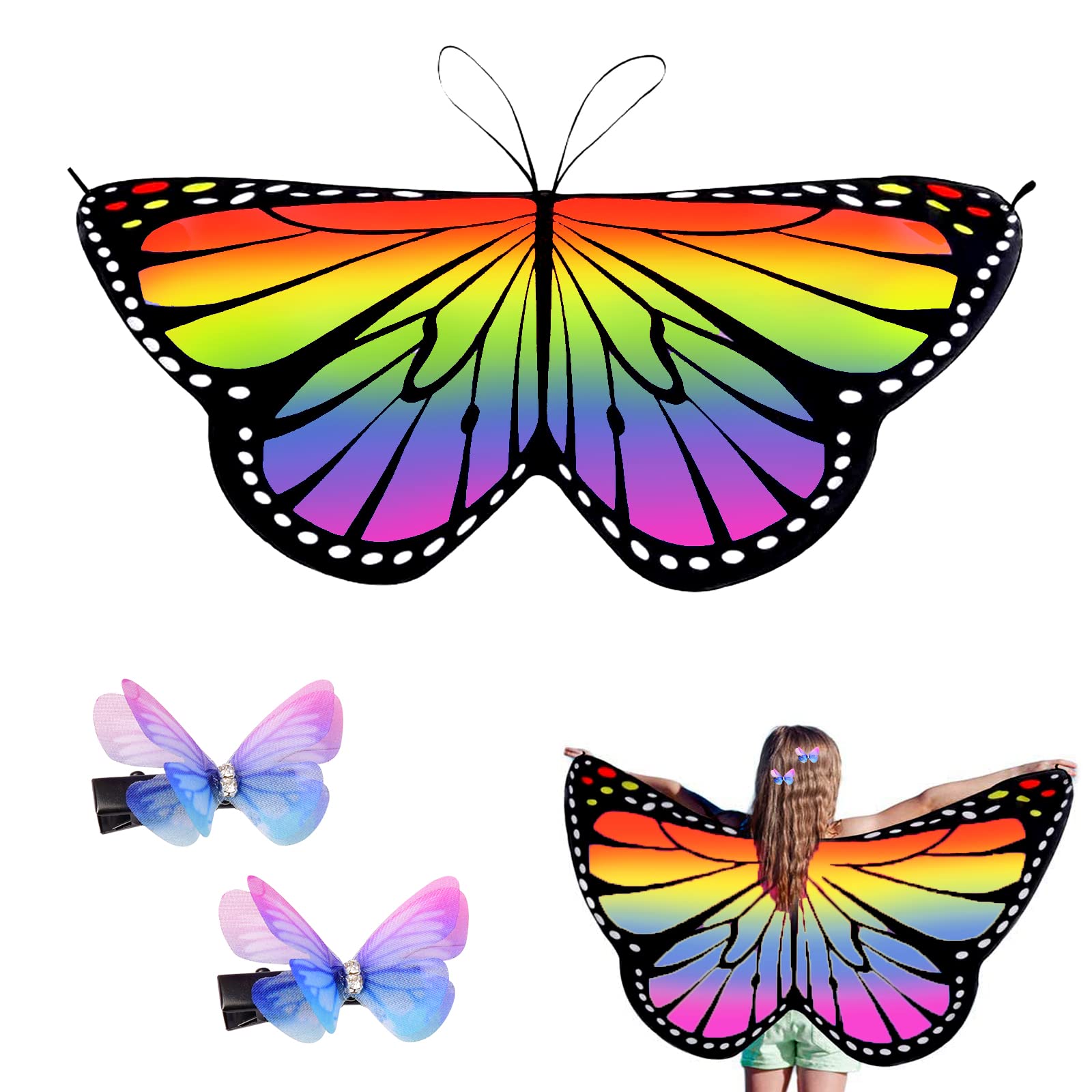 Cosysparks Butterfly Wing Cape Kids, 3 Pcs Butterfly Shawl Kids Butterfly Cape Wing Butterfly Wing Costume with Butterfly Hair Clips for Girls Princess Pretend Play Party Favors (Colourful)