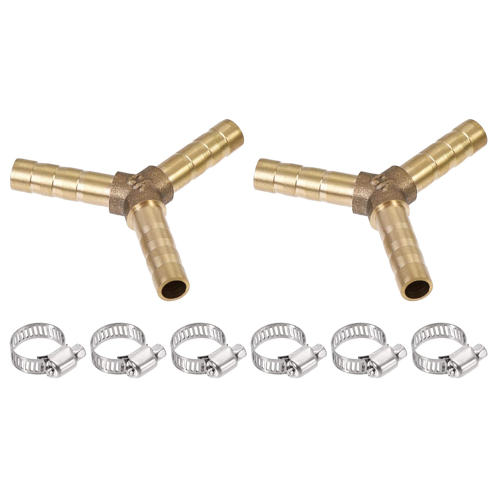 sourcing map Barb Hose Fitting 6mm OD Y Shape Pipe Connector Brass 2Pcs with 6Pcs 6-12mm Hose Clamps for Water Fuel Air — image 1
