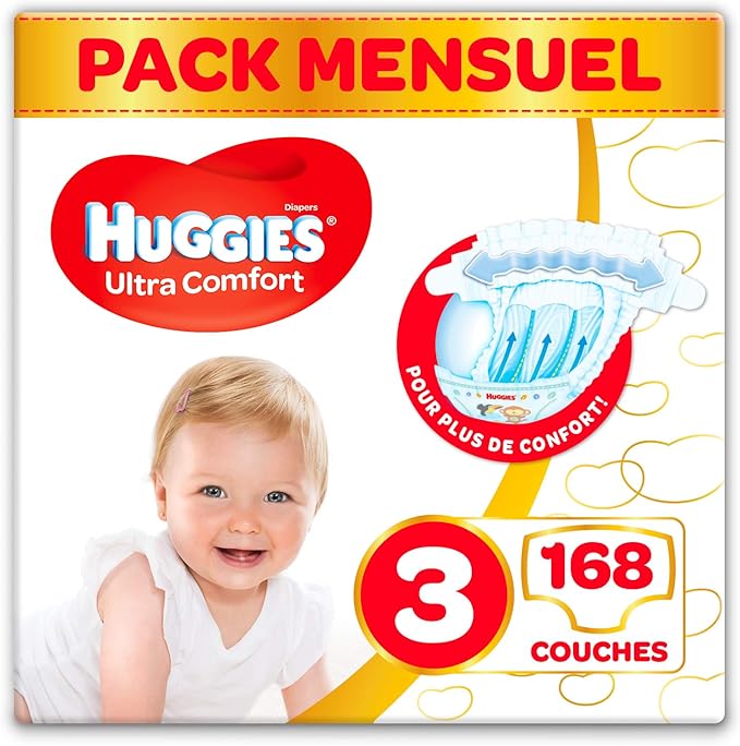 Huggies, Couches bébé Taille 3 (49 kg), 168 couches, Unisexe, Avec