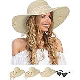 Senker Fashion Sun Hats for Women, Wide Brim Floppy Beach Straw Hat for Summer Travel Vacation Foldable with Sunglasses