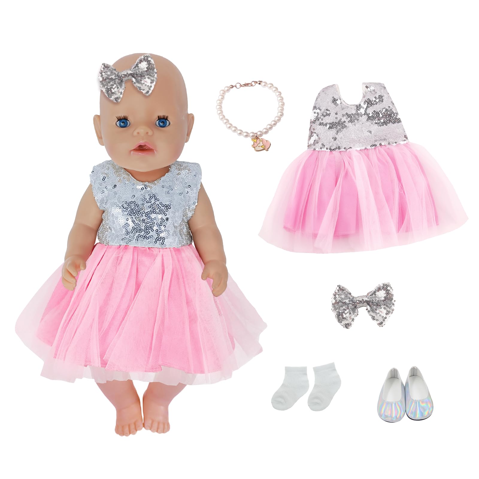 Doll Clothes for 14-18 Inch Baby Dolls, Baby Doll Clothes Outfits 30-43 cm with 1 sequined pink puff skirt 1 headband 1 necklace 1 hanger 1 shoes Baby Doll Accessories Girls Kids Birthday Easter Gifts