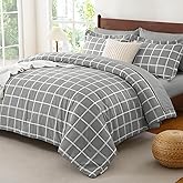 CozyLux Queen Comforter Set with Sheets - 7 Pieces Plaid Bed in a Bag Set Grey, Soft Queen Bedding Sets Bed Set with All Season Quilted Comforter, Flat Sheet, Fitted Sheet, Pillowcases & Pillow Shams