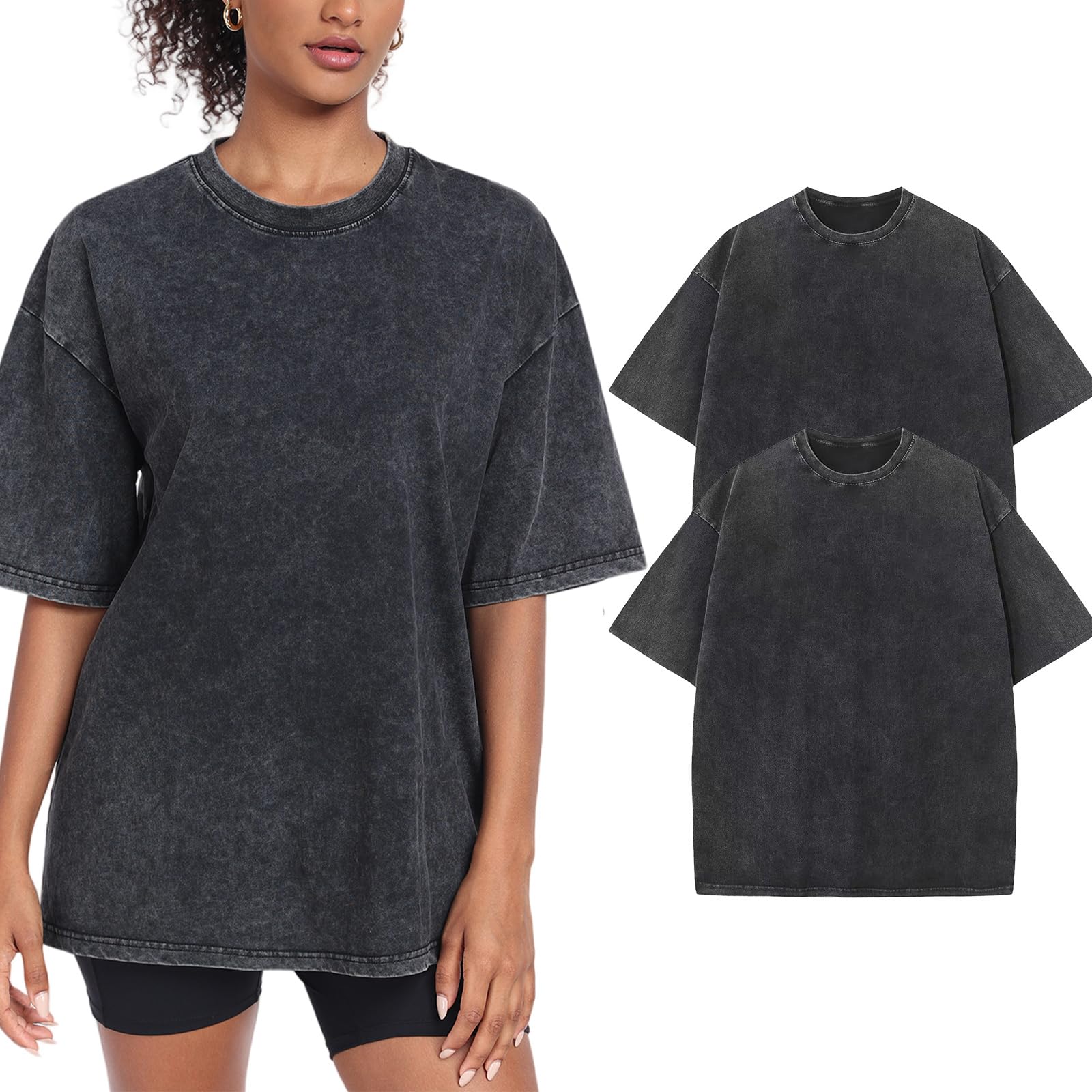 Womens Washed Vintage Oversized T-Shirt Baggy Workout Tops Short Sleeve Cotton Tshirts Streetwear Boyfriend Tee(W-BK-BK,s) Image