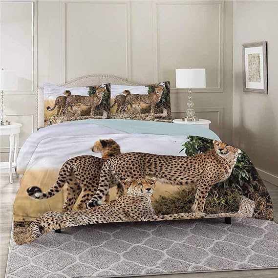 100 Washed Microfiber 3pcs Bedding Set, Africa,Safari Animal Cheetahs, Twin Size Soft and