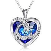 TOUPOP Birthstone Necklace for Women 925 Sterling Silver Moon and Star Necklaces Heart Crystal Jewelry Birthday Valentine's Day Gifts Women Wife Girlfriend