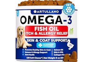 ARTULLANO Omega 3 Fish Oil for Dogs - Dog Allergy Chews - Itch Relief & Skin and Coat Supplement with Salmon Oil - Hot Spots Treatment - Allergy & Anti Shedding Support - EPA & DHA Fatty Acids - 120 Treats