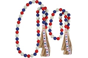 Patriotic Wood Bead Garland,YuanDe 2pcs 4th of July American Wooden Beads String Jute Rope Tassel,Farmhouse Rustic Hanging Bead Garland for Memorial Independence Day Vase Tiered Tray Wall Decor Gift