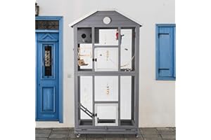 Ketive 65in Outdoor Bird Aviary with Wheels,Wooden Bird Cage Indoor Finches Cage Flight cage Wire Mesh,Easy Clean Tray Perches Nest Feeder