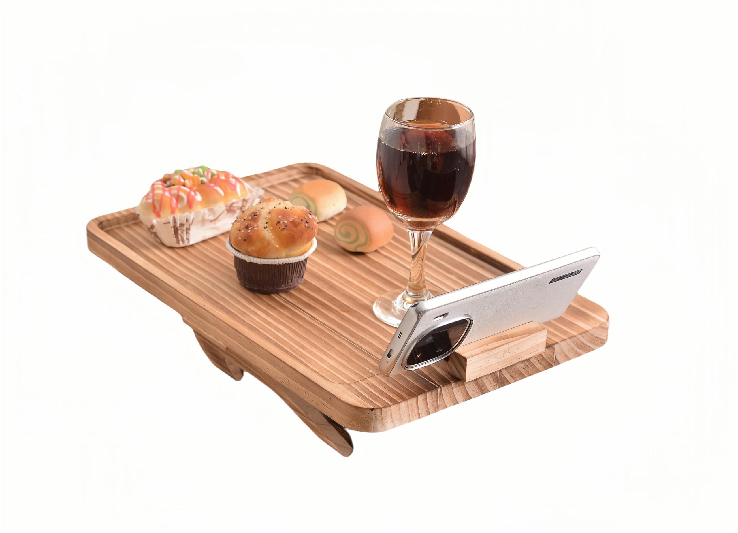 Uwenkjie Pine Wood Rotating Armrest Tray - Foldable Rectangular Sofa Armrest Table, Clamped On, Burnt Color