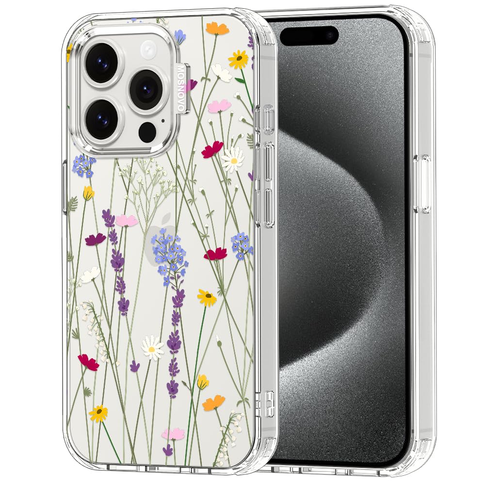 MOSNOVO Case for iPhone 15 Pro, [Buffertech 6.6ft Military-Grade Drop Protection] [Anti Peel Off Tech] Clear TPU Bumper Phone Case Cover Design - Floral Garden — image 1