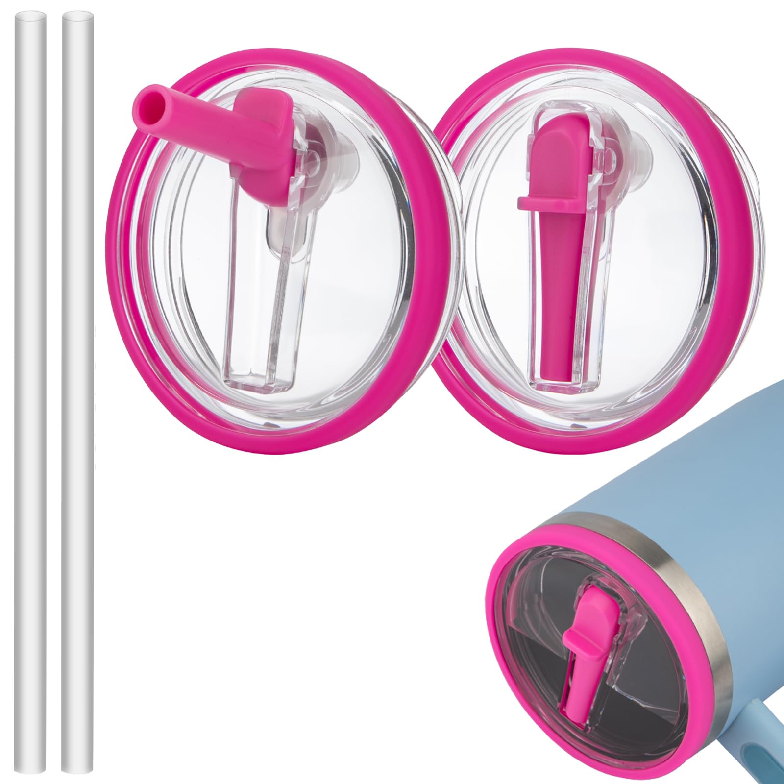 Photo 1 of 2 Pics 40oz Tumbler Flip Straw Lid For Stanley Quencher H2.0,Leak Proof Cup Top Lids Replacement Reusable Spill Proof No Spill Tumbler Cover for Stanley Cup Accessories (rose pink 2pack)