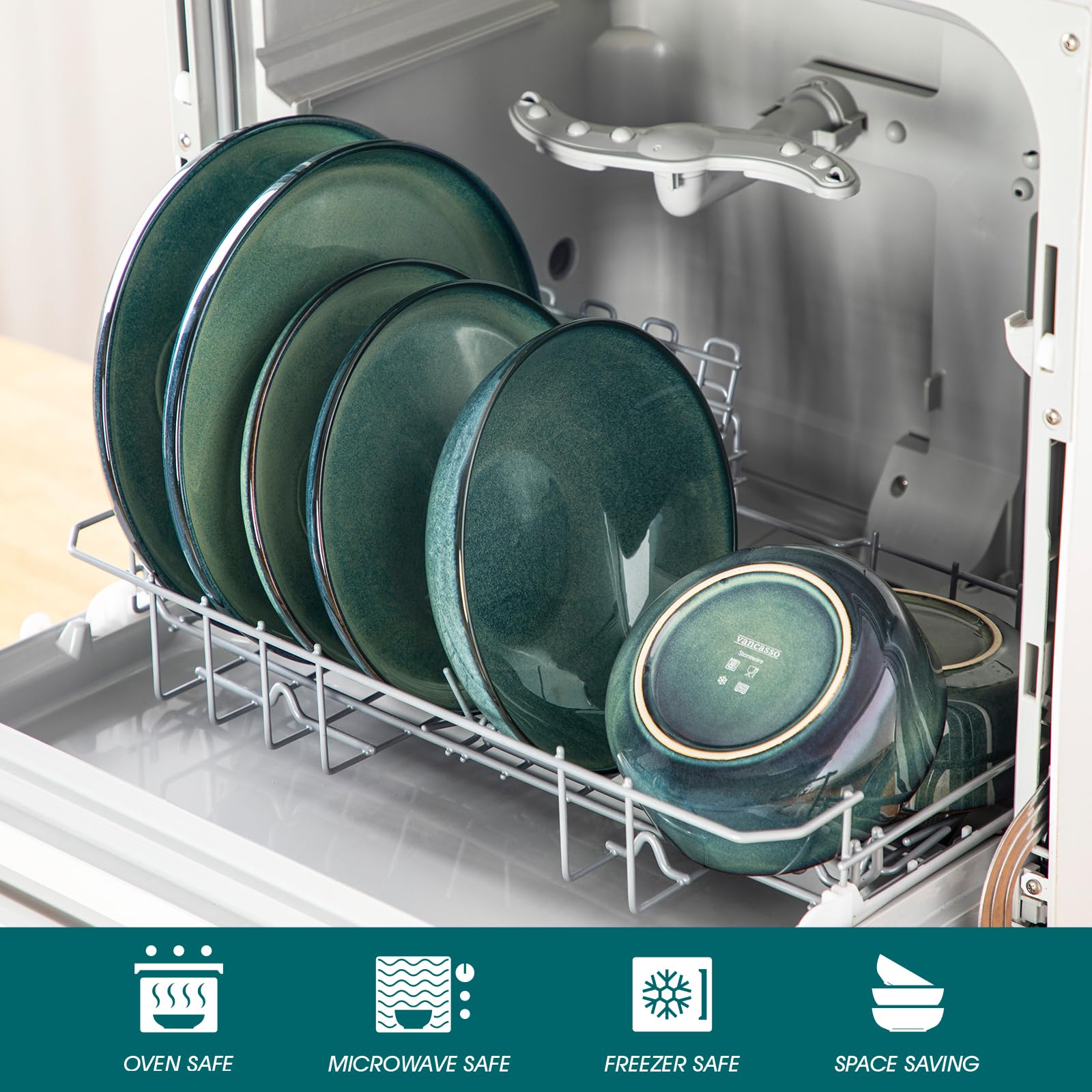 Geschirrset 6 Personen modern, vancasso STARRY 24-teiliges Steingut Geschirr Set, Kombiservice Set Grün, Tafelservice 6 Personen, Inklusive Speiseteller, Dessertteller, Suppenteller und Müslischalen 5