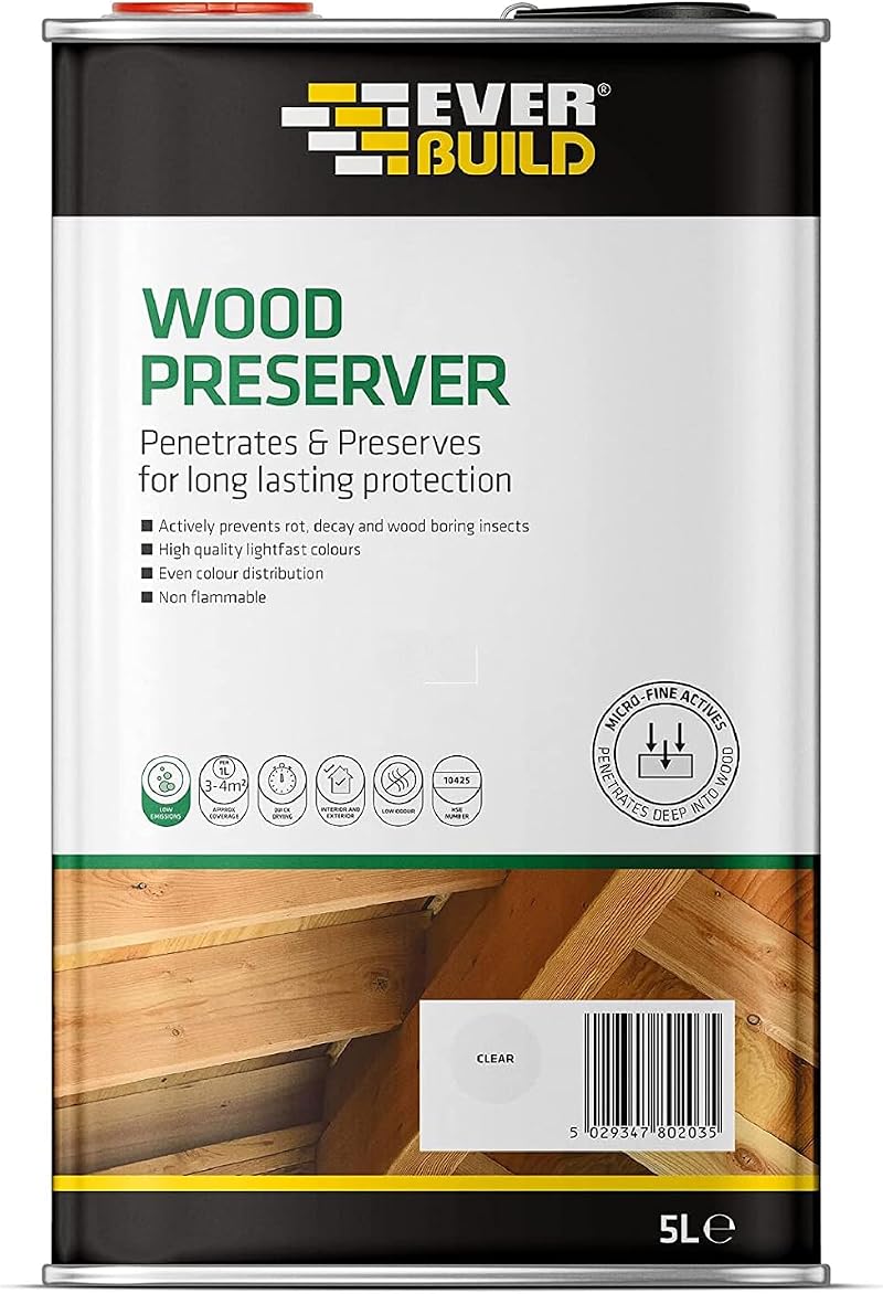 Everbuild Wood Preserver 5 Litre Clear Interior Exterior Low Odour Quick Drying