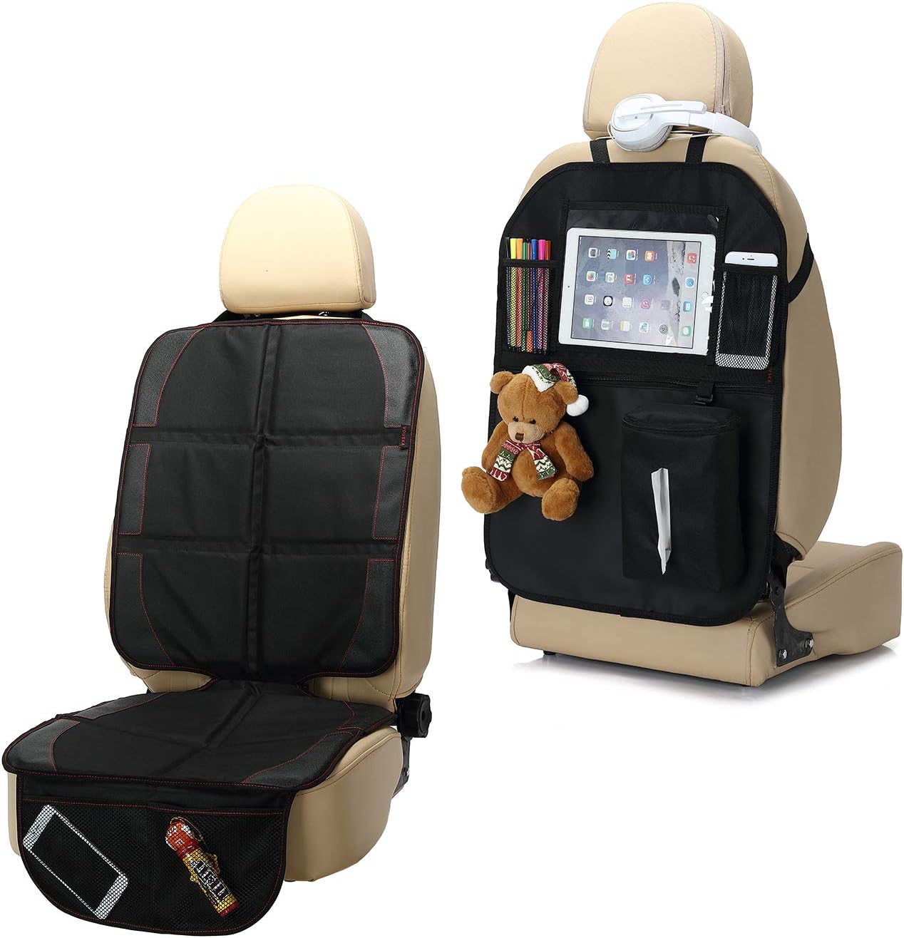 VOUSKA Car Seat Protector Under Car Seat with Kick Mat–12-mm Thick Foam Padded Auto Seat Protectors – Large Leather Guardian with Waterproof Backseat Kick Mats – Crash Tested Heavy-Duty Design