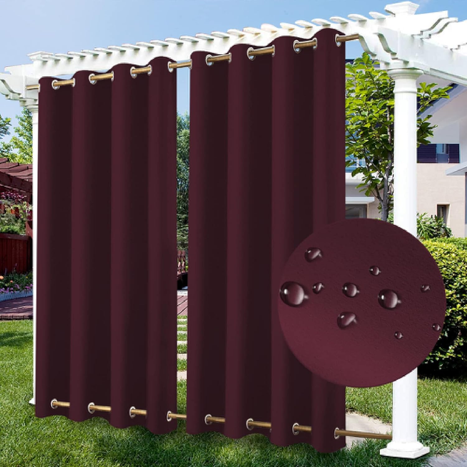 Outdoor Curtains - ZJXSNEH Waterproof Outdoor Curtain Blackout Window Curtains Rustproof Patio Drapes Grommet Top Panel for Porch Gazebo Garden Pergola Red Wine(Width x High) W59.55 x H94.48 x 1PC