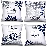 Tatuo 4 Pcs Flower Pillow Covers Square Winter Pillow Cushion Cases 18x18 Inch, Family Faith Hope Love Words Decorative Spring Summer Cushion Case for Bed Couch Sofa Living Room(Gray Series)