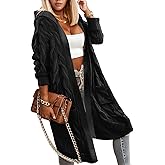 WIFFGO Lightweight Hooded Open Front Cardigan for Women Cable Knit Sweaters Pocketed Oversized Knee Length Long Coats Black