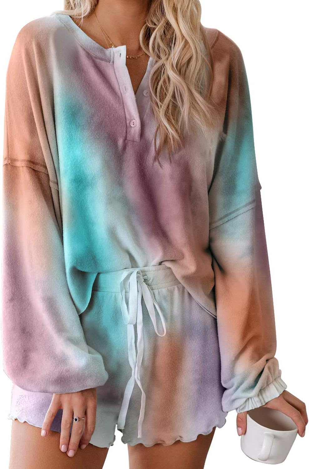 CANIKAT Womens Long Sleeve Short Pajamas Set Tie Dye Printed Ruffle Soft Top and Pants PJ Set Nightwear Sleepwear Loungewear Multicolor M