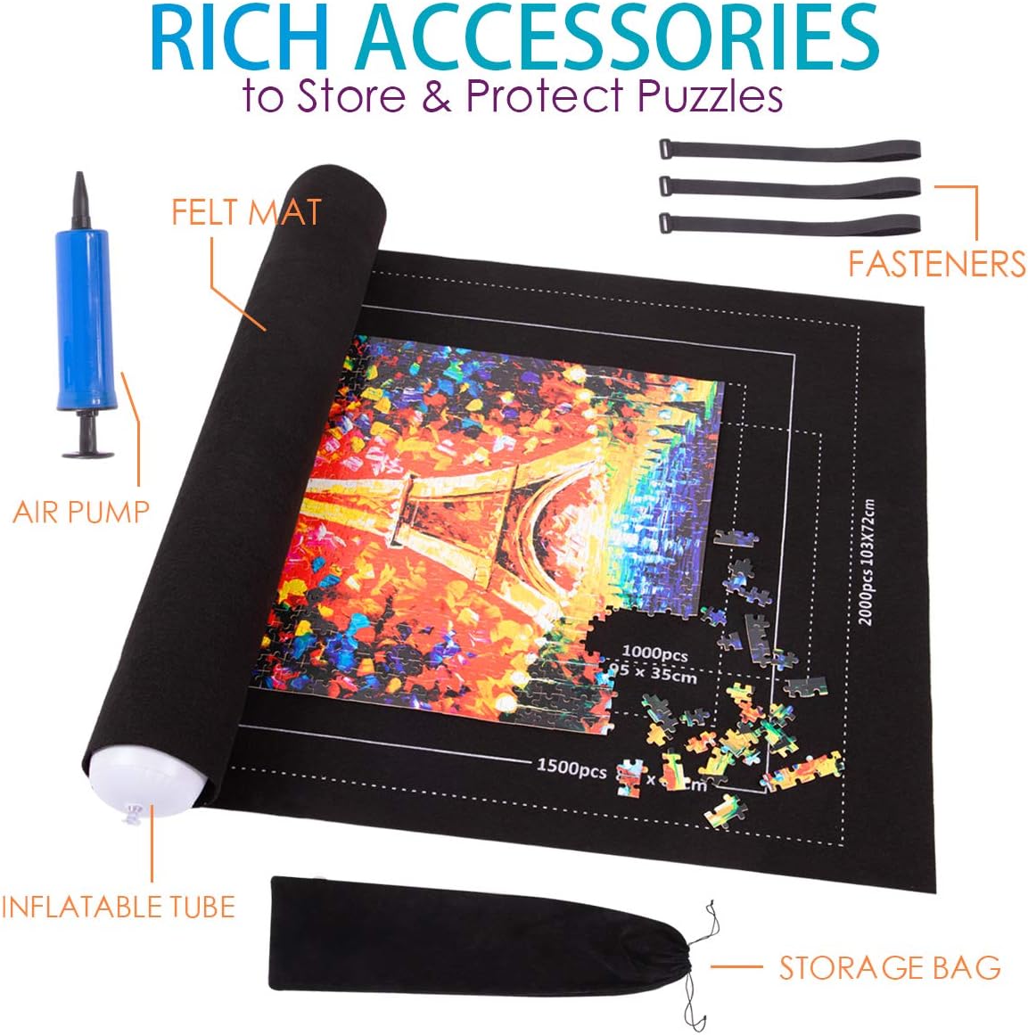 Large Jigsaw Puzzle Mat Roll Up, Large Mat Roll Up 2000 Pieces Puzzles Keeper Mat 46" X 32" Felt 2MM Thicker Puzzles Storage Transport Saver Board, Inflatable Tube, Handle Pump, 3 Velcro Fasteners: Toys & Games