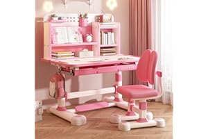 pofluany Upgraded Wide Kids Desk and Chair Set, Height Adjustable Kids Functional Desk and Chair Set, Kids Study Desk School Desk, School Writing Study Table with Book Stand, Foot Pedal Pink