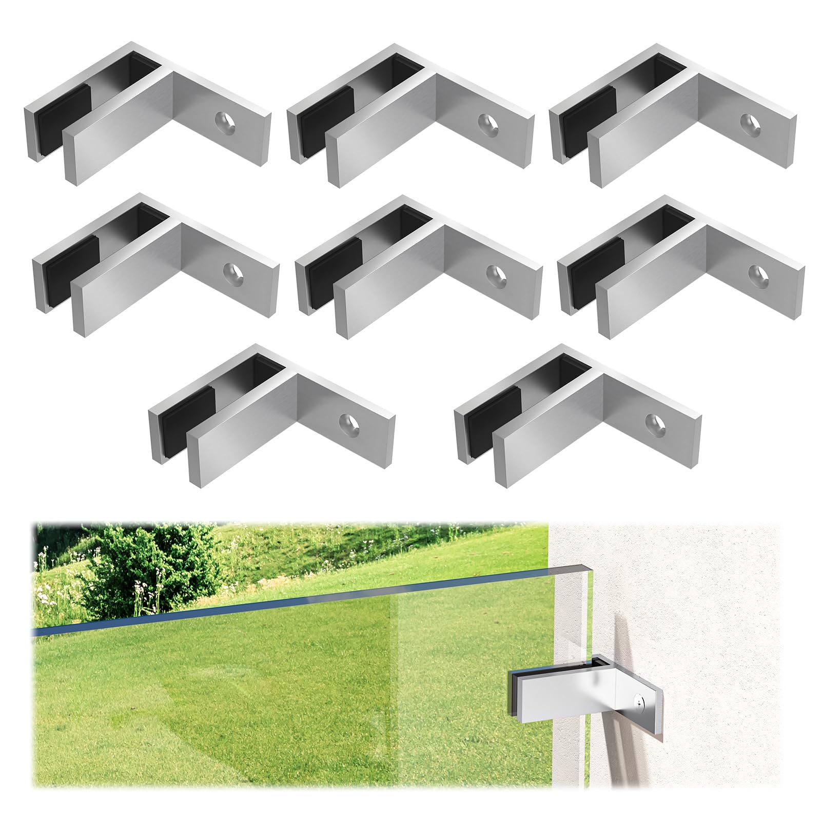 Photo 1 of Gyykzz 8 Pack Railing Wall to Glass Clamp, F Shape Stainless Steel T304 Bracket for Indoor & Outdoor, Brushed Finish Railing Glass Clip Holder for Fence, Balustrade, Balcony Deck
