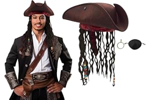 Nicky Bigs Novelties Adults Pirate Hat with Dreadlocks Hair Braids Eye Patch & Earring Premium Caribbean Buccaneer Tricorn Hat Pirate Costume Accessories Set For Men Adjustable Size Brown