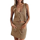 Saodimallsu Womens Crochet Swim Cover Up 2 Piece V Neck Sleeveless Front Tie Crop Tops Beach Mini Skirt Coverup Set