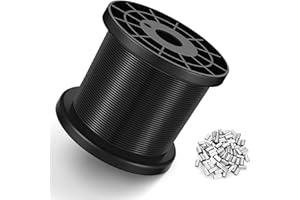KALLSDY Black Vinyl Coated Wire Rope 1/16", 328FT 304 Stainless Steel Cable with 150PCS Aluminum Crimping Loop Sleeves for String Light Cable, Clotheslines, Trellis and Light Picuture Hanging
