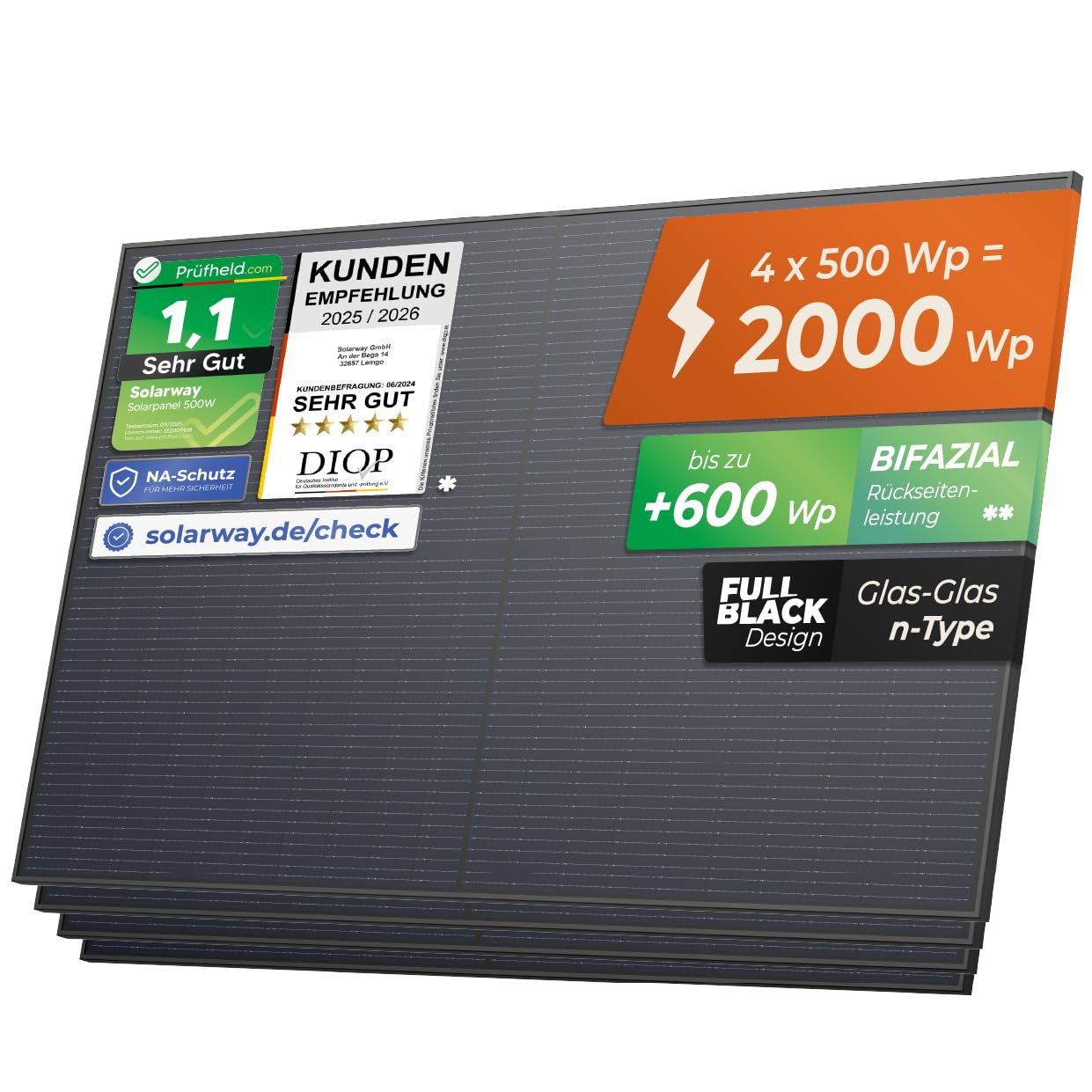 Solarway 500W Solarpanel Full Black Bifazial Glas/Glas PV Panel mit positiver Leistungstoleranz von 0-5 Watt, n-type, geeignet für Balkonkraftwerk 2