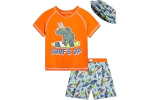 Quad Seven Baby Toddler Boys Swim Set - 3 Piece Swim Trunks Short Sleeve Rash Guard for Boys & Bucket Hat Swimwear (12M-4T)