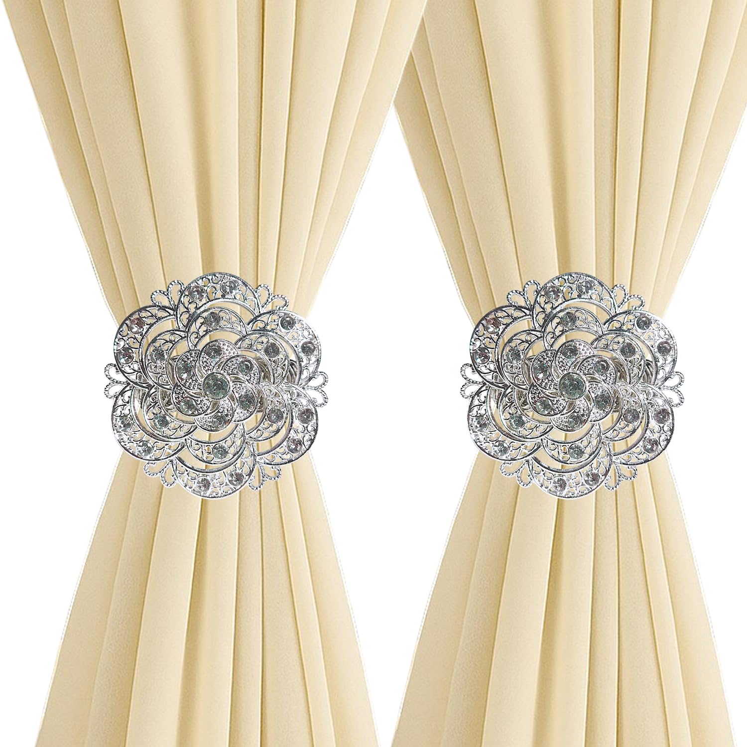 Photo 1 of 2 Pack White Crystal Curtain Holdbacks – Decorative Spring Wire Buckle Clips with Sparkling Rhinestone Flower Design, No Drilling, Easy Fit for Drapes & Sheers (Silver)