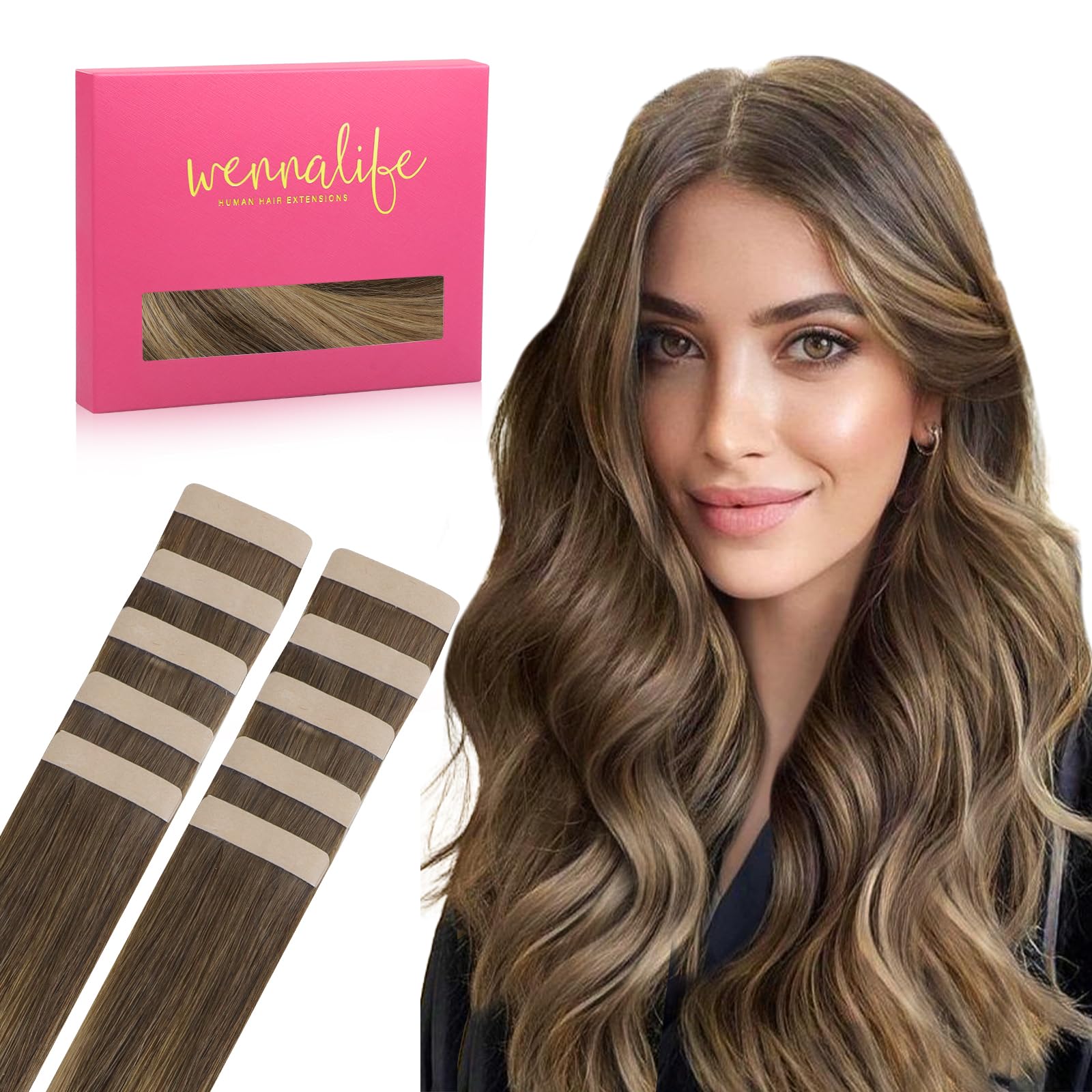 WENNALIFE Tape in Hair Extensions Human Hair, 18inch 10pcs 25 Balayage Chocolate Brown to Caramel Blonde Real Human Hair Tape Extensions — image 1