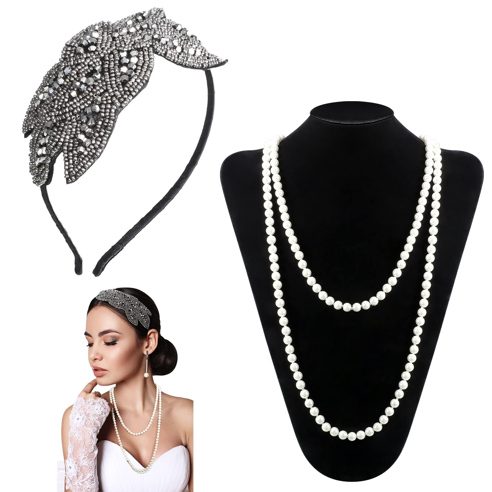 Chuangdi Vintage Headpiece and Pearl Necklace Set, 1920s Headband Leaf Beaded Flapper Long Drop 150 cm Chain Rope for Costume Brides Wedding Party Accessories Women Ladies