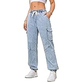 LBDLONGBIDA Jean Joggers for Women Elastic Waist Cargo Jeans Stretch Loose Baggy Denim Pants with Drawstring