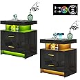 WOOVIVS Night Stand Set 2 with USB/Type-C/Wireless Charging Station, Black Nightstand with RGB Auto LED Lights, Modern Bedside Table Set of 2 with Drawers, Side Table&End Table for Bedroom Furniture