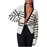 Milumia Women's Striped V Neck Long Sleeve Cardigans Casual Drop Shoulder Knitted Sweaters