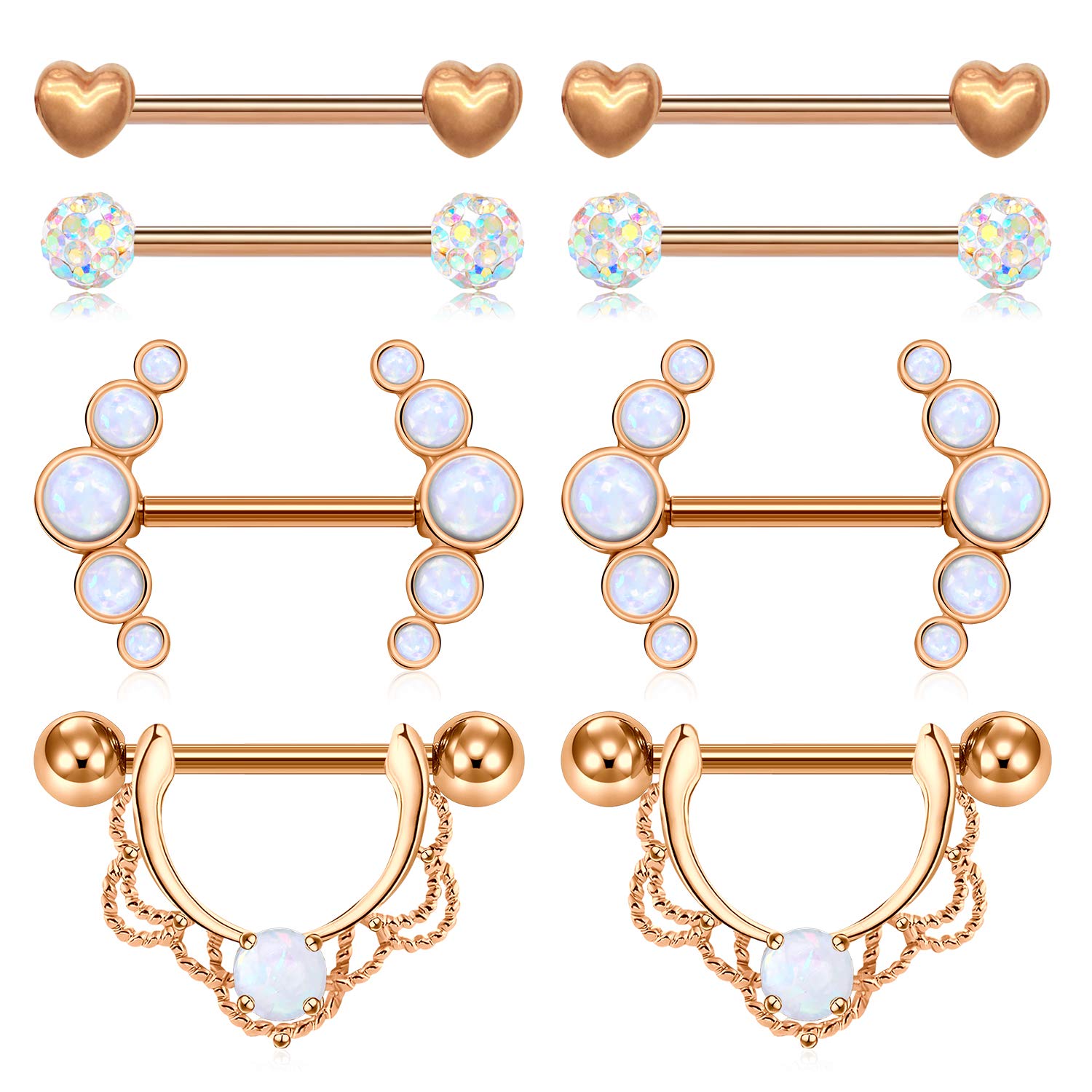 JFORYOU 14G Nipple Bars Surgical Steel Nipple Bar Rings Synthesis Opal Nipple Shield Barbell Piercing Jewelry for Women