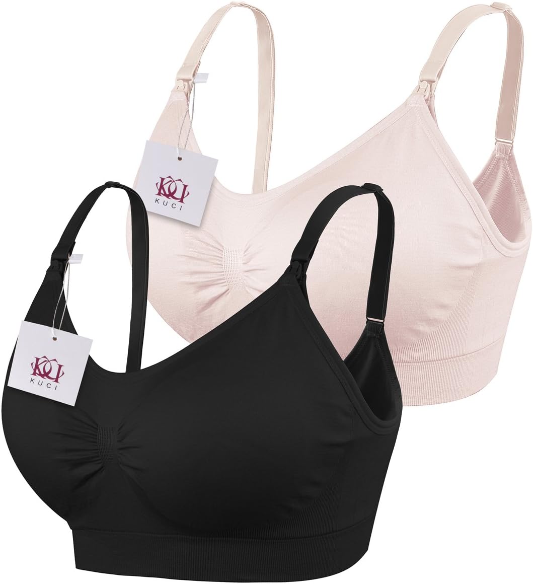 Maternity Nursing Bra, KUCI Womens Seamless Nursing Sleep Bralette 2Pack, Medium, Black+Pink/2pack