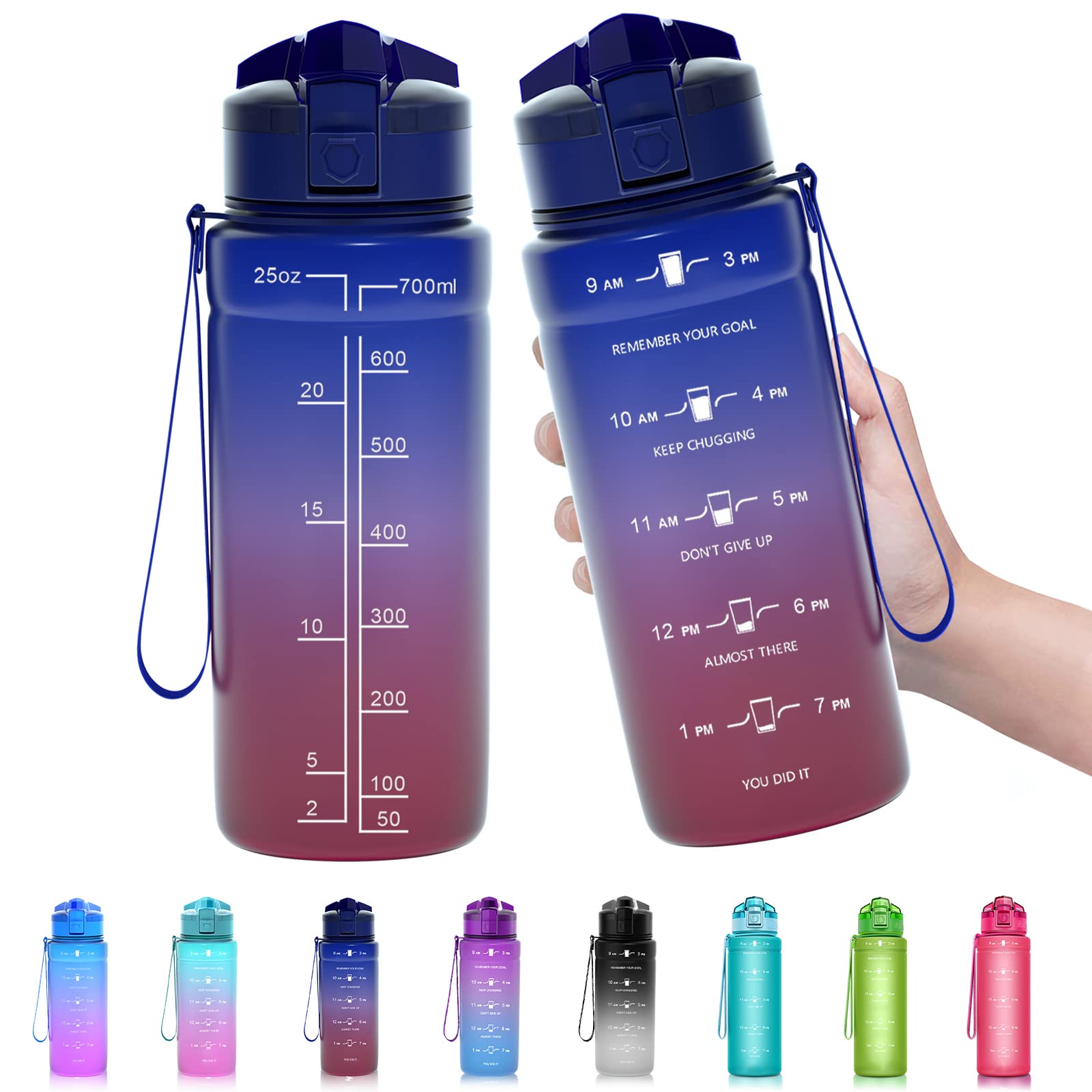 Zounich Sports Water Bottle Kids with Times to Drink Leakproof 1L / 700ml / 500ml 1Litre Drink Bottles BPA Free Motivational Adults, Gym, School, Running, Travel, Girls, Boys Filter Reusable