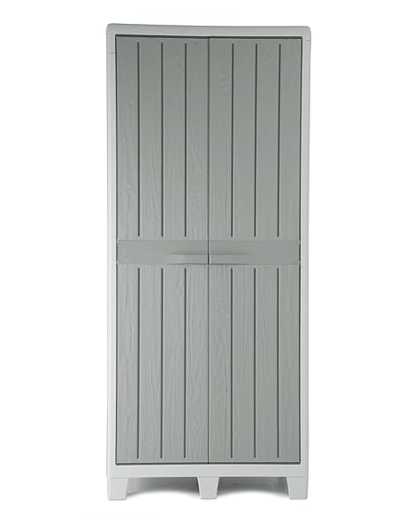 Ondis24 Kunststoffschrank XL Florida mit 3 Böden und Besenfach Grau in Holz Optik Spind Aufbewahrungsschrank abschließbar mit