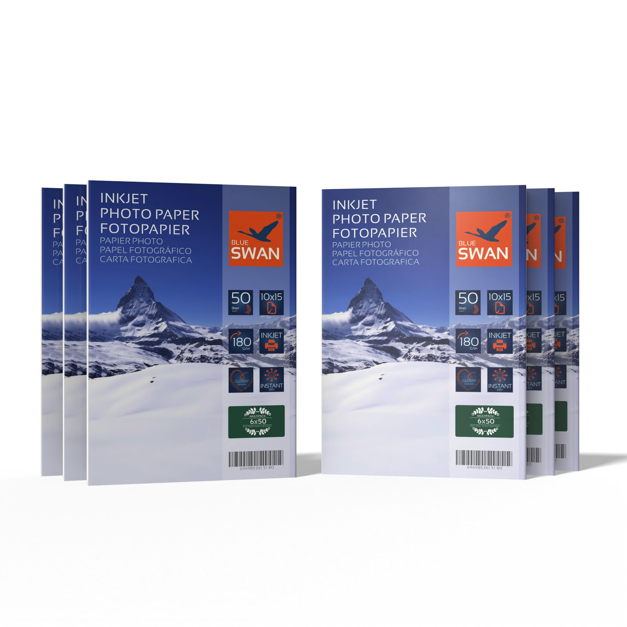 BLUE SWAN 10×15 cm Glossy Photo Paper, 180gsm, 300 Sheets (6×50) – Single-Sided High Gloss, Water-Resistant, Quick Dry, Scratch-Resistant, Vibrant Colours – Compatible with Inkjet Printers