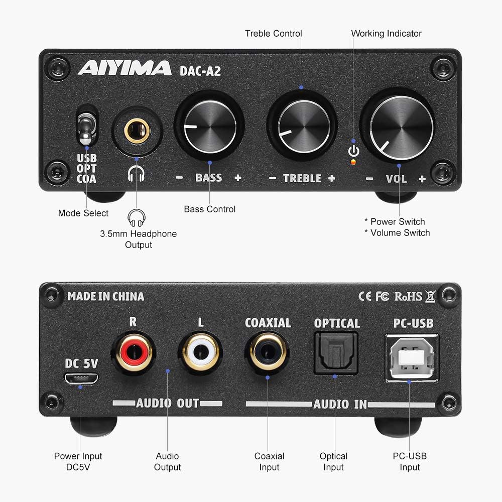AIYIMA DAC A2 Headphone Amplifier DAC Converter Mini Stereo Digital-to-Analog DAC for PS5/PC/MAC Computer desktop Game DAC Amp PC-USB/Coaxial/Optical to 3.5mm AUX RCA Headphone Output 24Bits 192KHz - Image 3