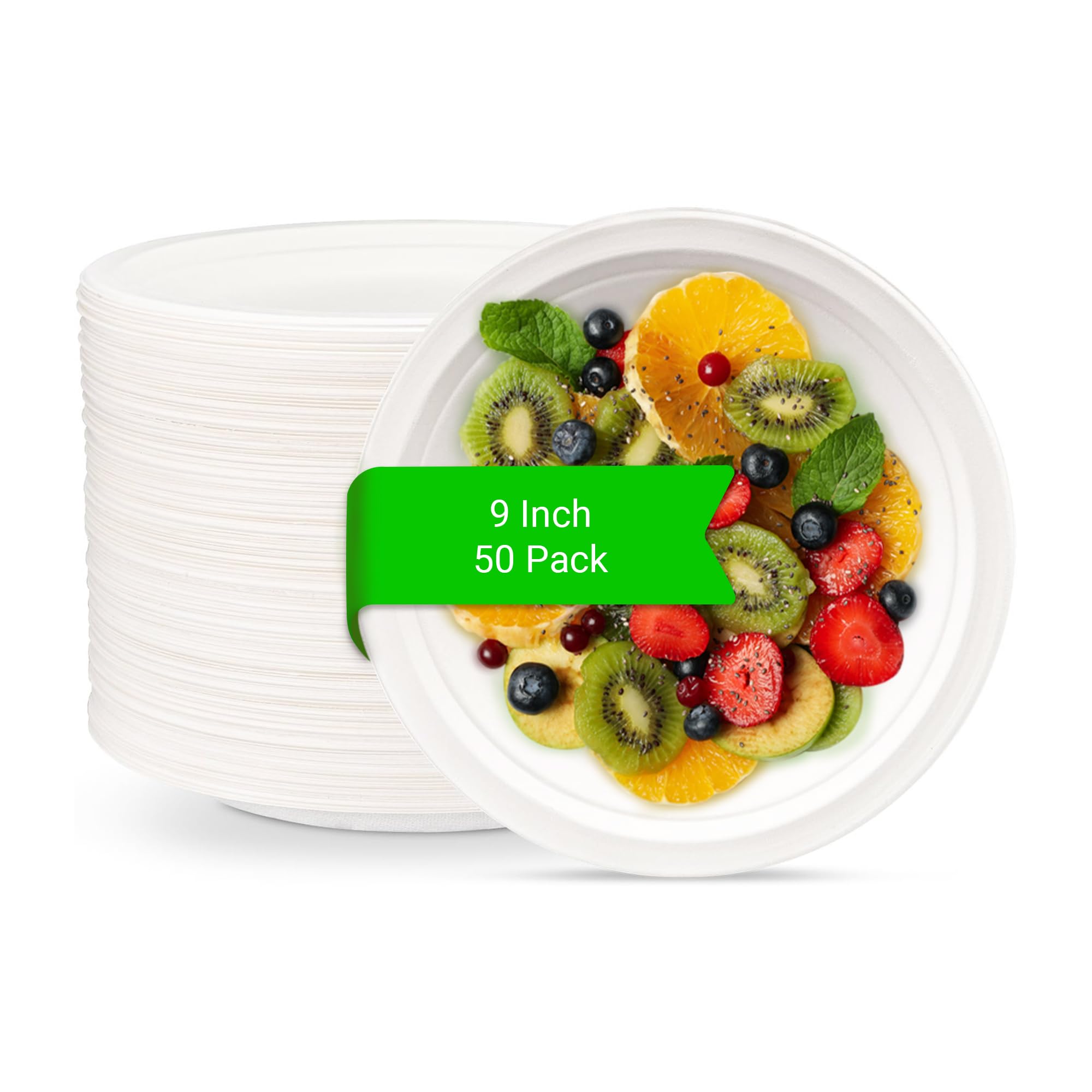 Fasttrack 9-inch White Paper Plates | Super Rigid 50 Pack Extra Strength Bagasse Sugarcane Disposable Microwave Plates | Biodegradable, Party-Friendly
